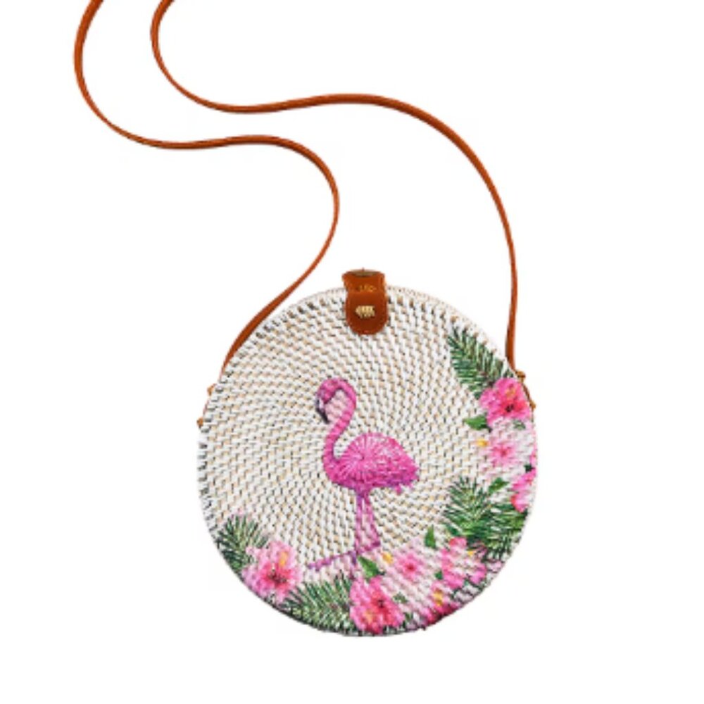 Handmade White Round Shape Rattan Crossbody Bag with Flamingo Printed Motif - Picture 2 of 5
